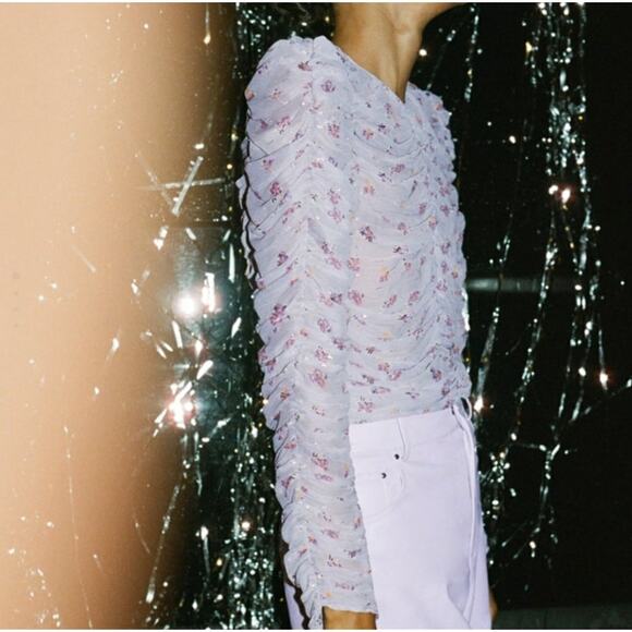 Zara Mauve Printed Ruched Blouse Purple Floral Small NWT - Picture 8 of 9